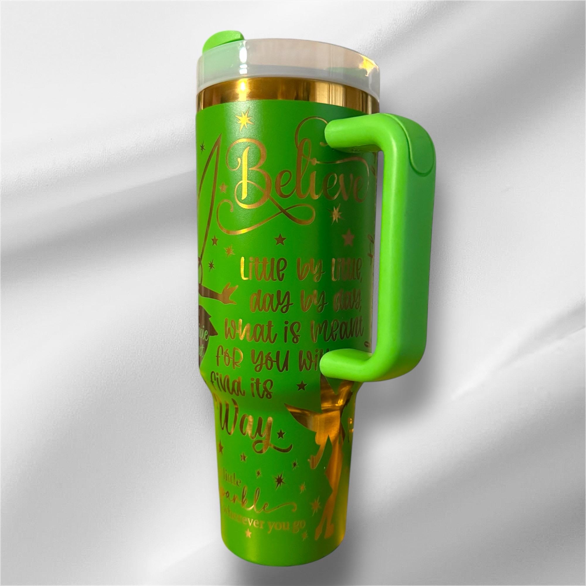 40z Green Gold Plated Tinker Bell Tumbler | Laser Engraved Tumbler | Handle, Lid and Straw Included