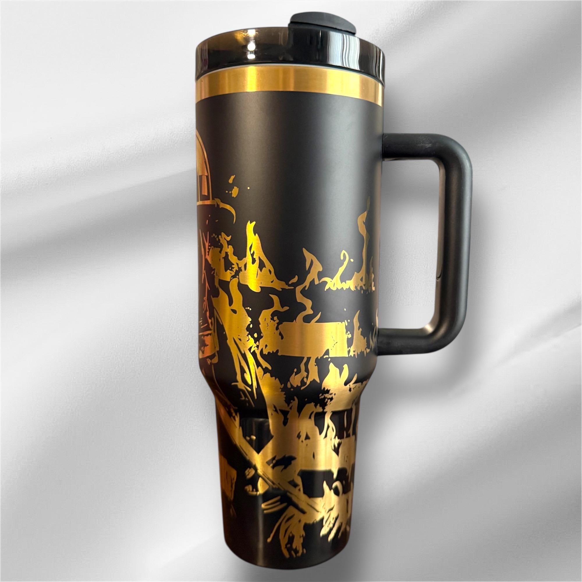 40oz Firefighter Tumbler | Gold plated Laser Engraved Tumbler | Handle, Lid and Straw Included