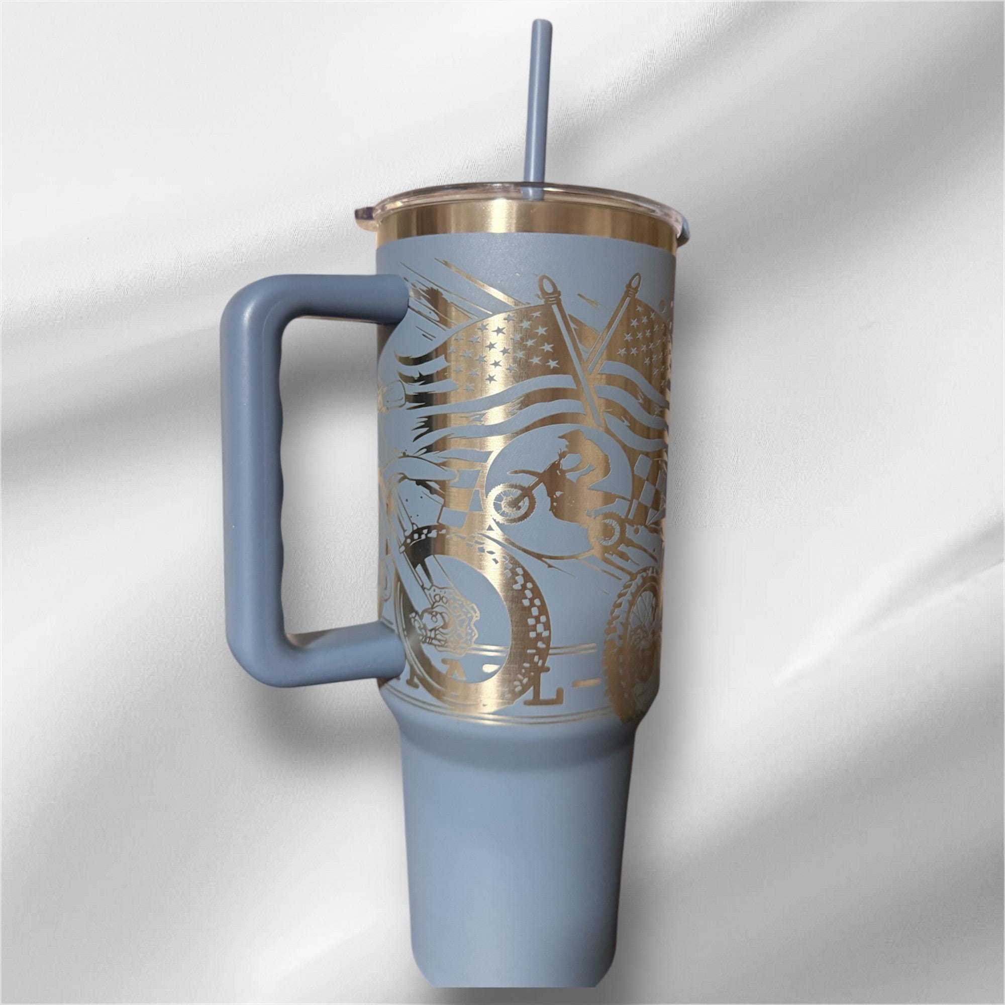 40z Dirt Bike Racer Tumbler | Laser Engraved Tumbler | Handle, Lid and Straw Included.