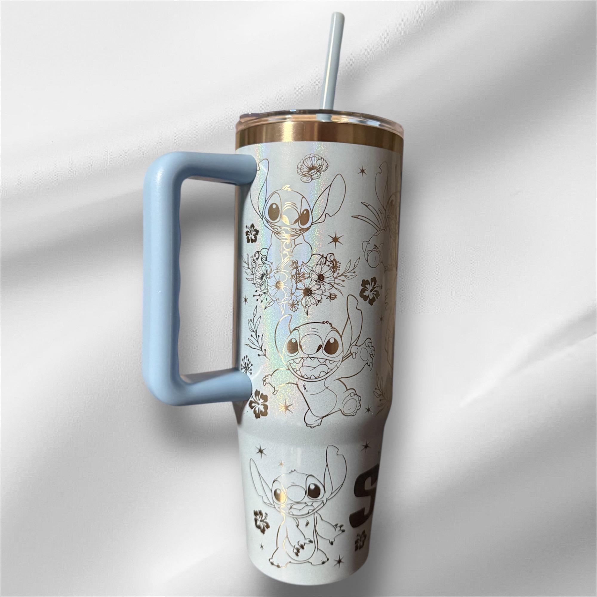 Stitch and Lilo Laser Engraved 30oz Tumbler | Pearlized Blue, Handle, Lid & Straw