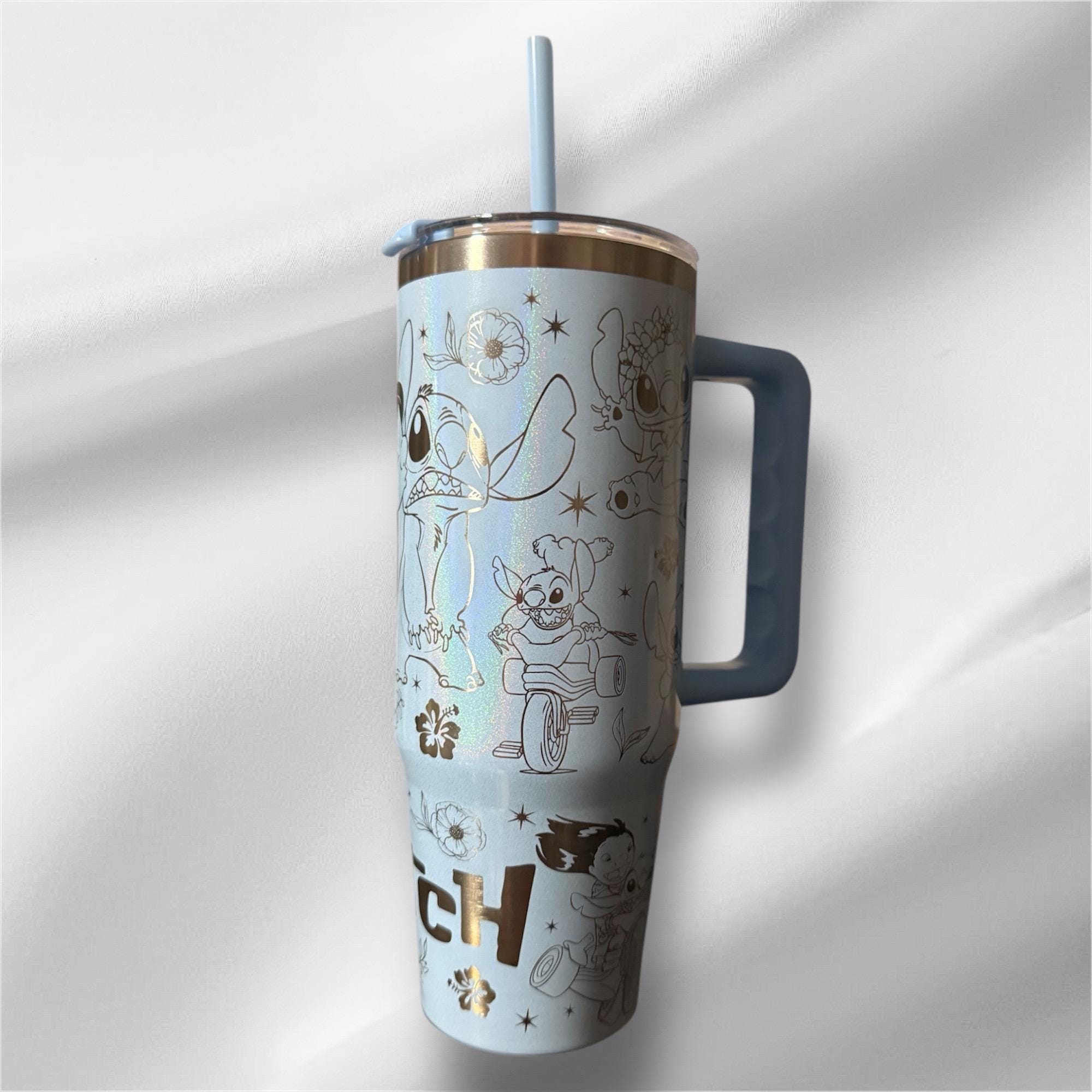 Stitch and Lilo Laser Engraved 30oz Tumbler | Pearlized Blue, Handle, Lid & Straw