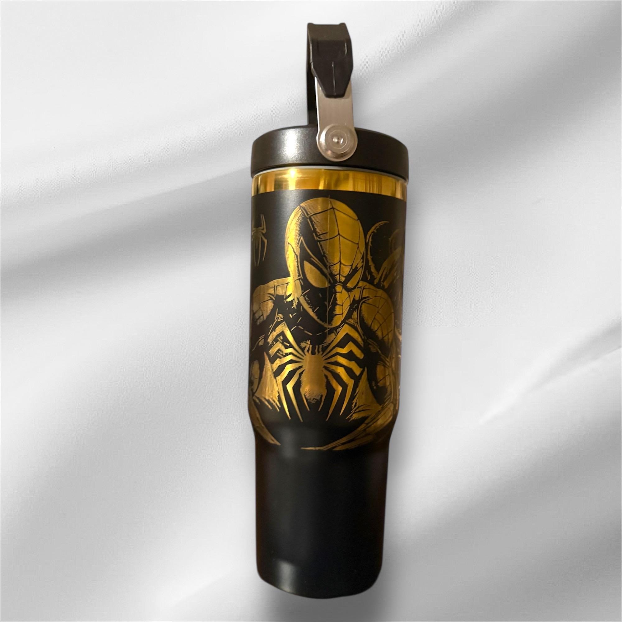 30z Gold Accent Spider-Man Tumbler | Laser Engraved Tumbler | Handle, Lid and Straw Included
