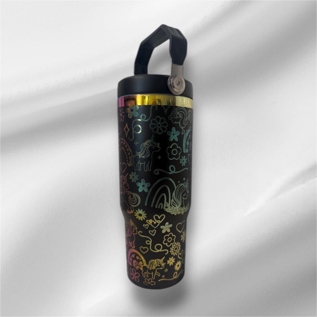 Rainbow Unicorn Laser Engraved Tumbler - 30oz with Handle & Lid
