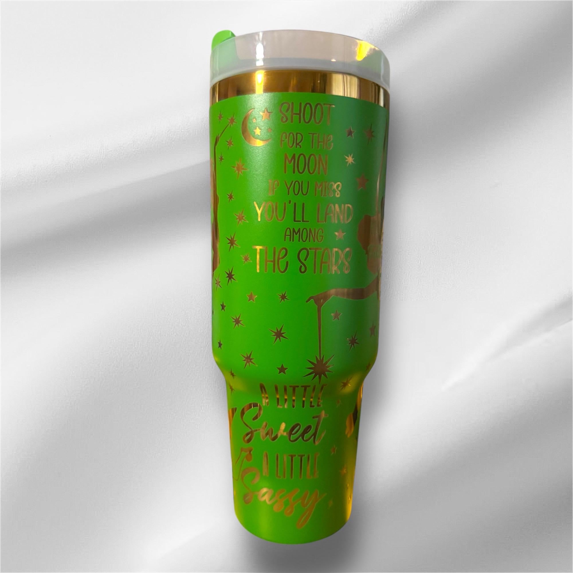 40z Green Gold Plated Tinker Bell Tumbler | Laser Engraved Tumbler | Handle, Lid and Straw Included