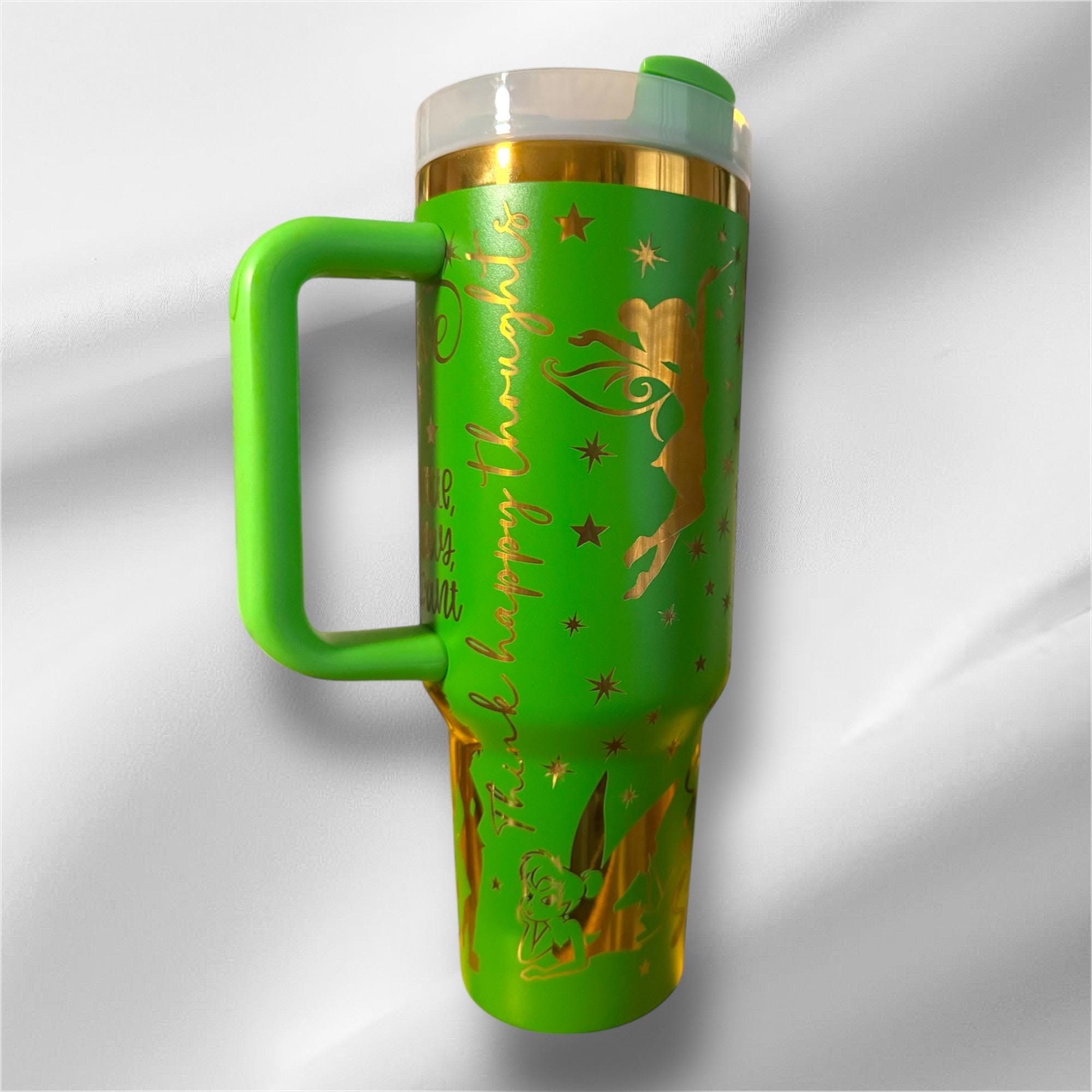 40z Green Gold Plated Tinker Bell Tumbler | Laser Engraved Tumbler | Handle, Lid and Straw Included