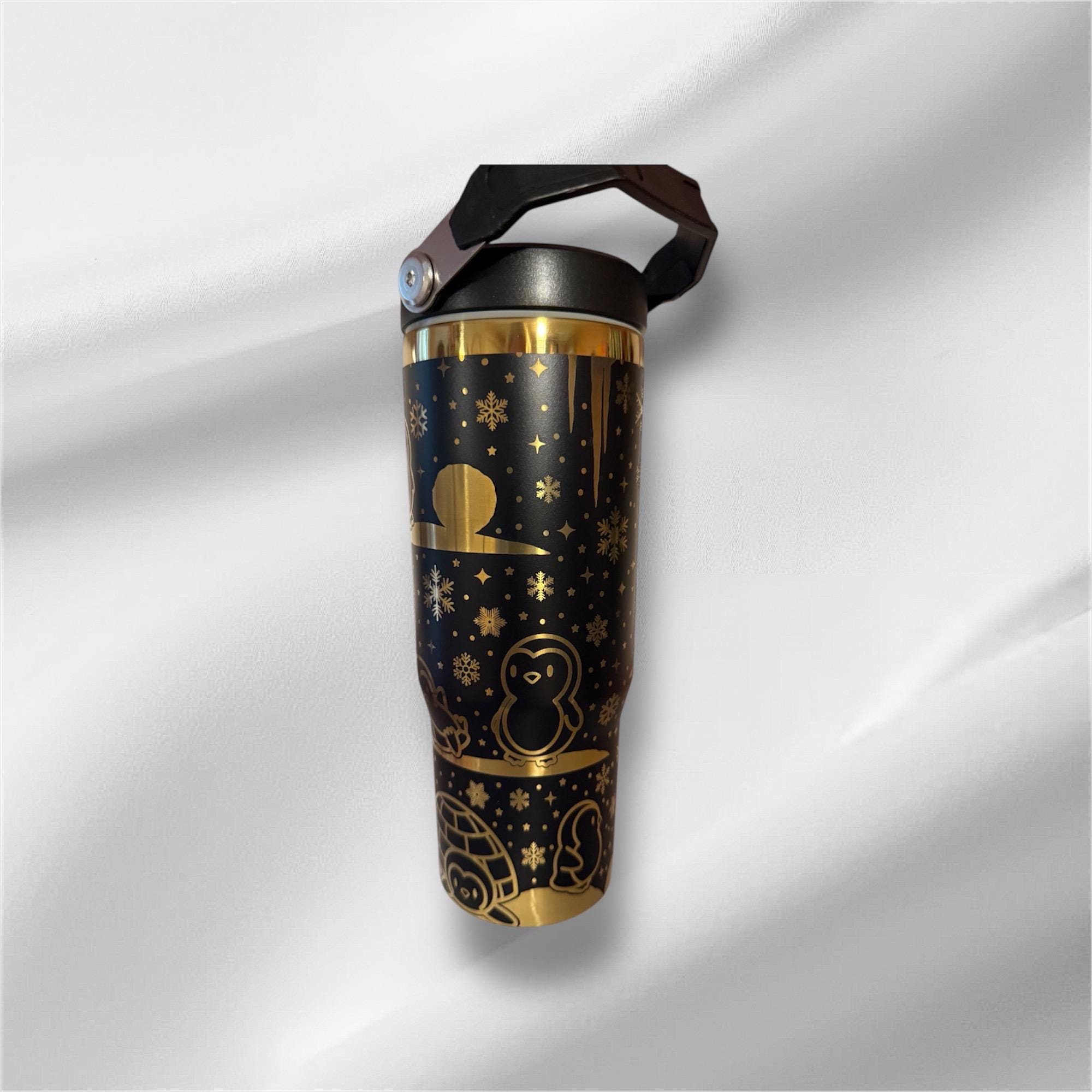 30z Gold Accent Penguins Tumbler | Laser Engraved Tumbler | Handle, Lid and Straw Included
