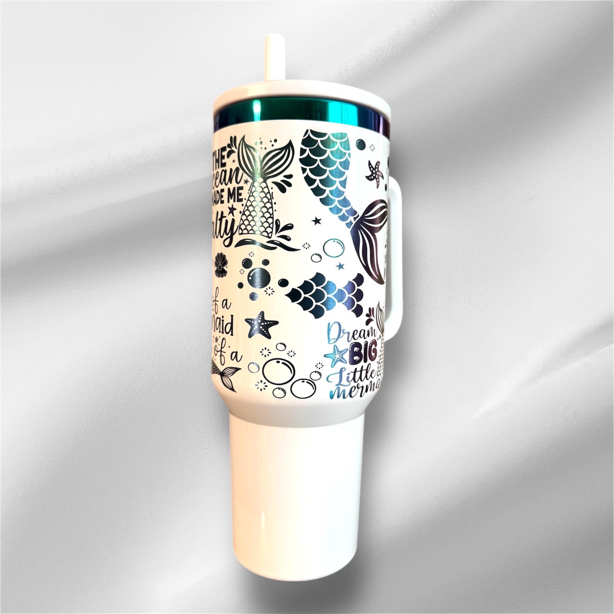 Mermaid Seascape Flip Top Straw Tumbler - 40 oz Rainbow Accent, Laser Engraved