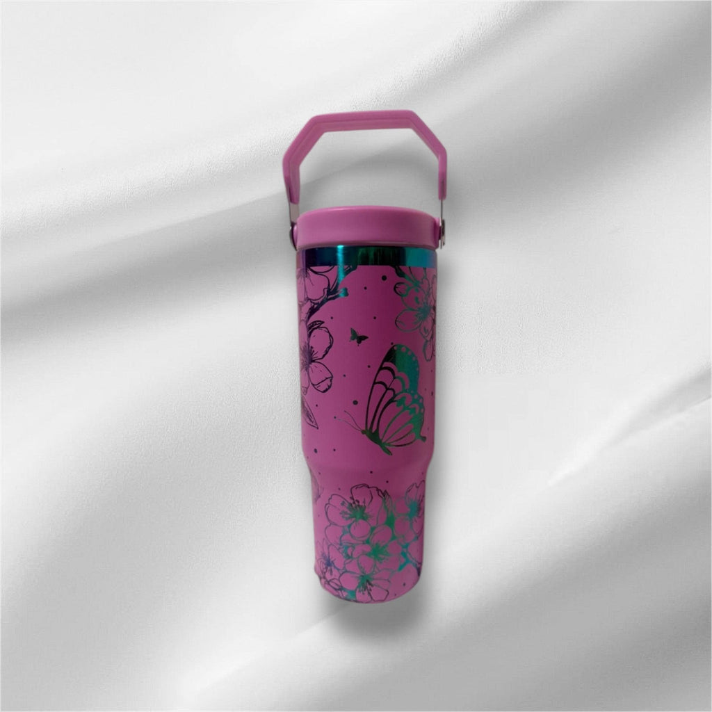 30z Rainbow Accent Cherry Blossom Tumbler | Laser Engraved Tumbler | Handle, Lid and Straw Included