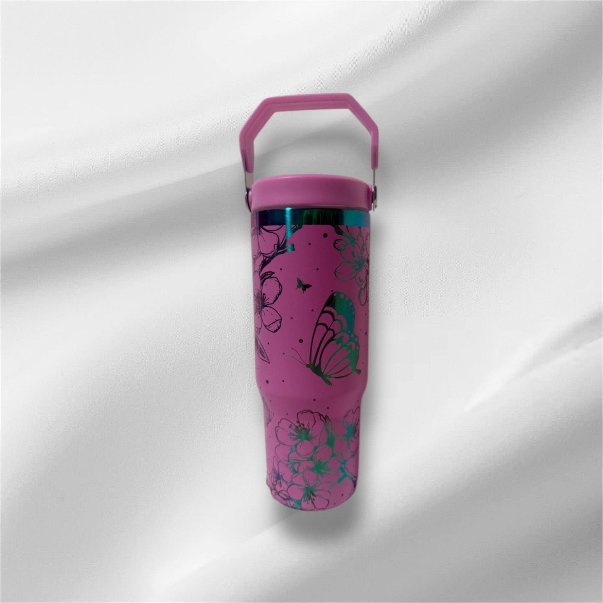 30z Rainbow Accent Cherry Blossom Tumbler | Laser Engraved Tumbler | Handle, Lid and Straw Included