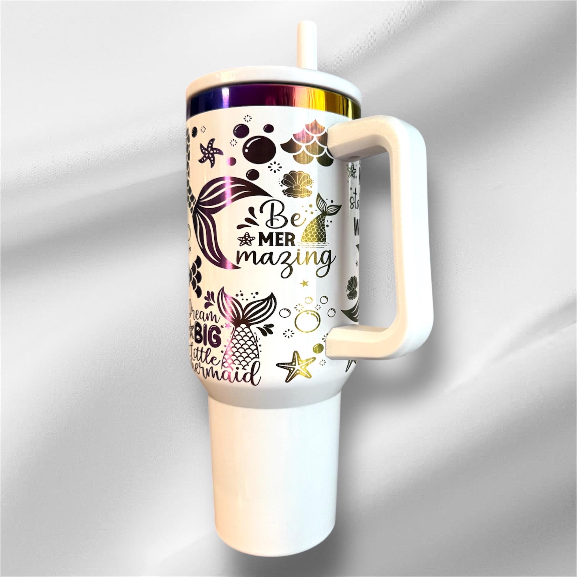 Mermaid Seascape Flip Top Straw Tumbler - 40 oz Rainbow Accent, Laser Engraved