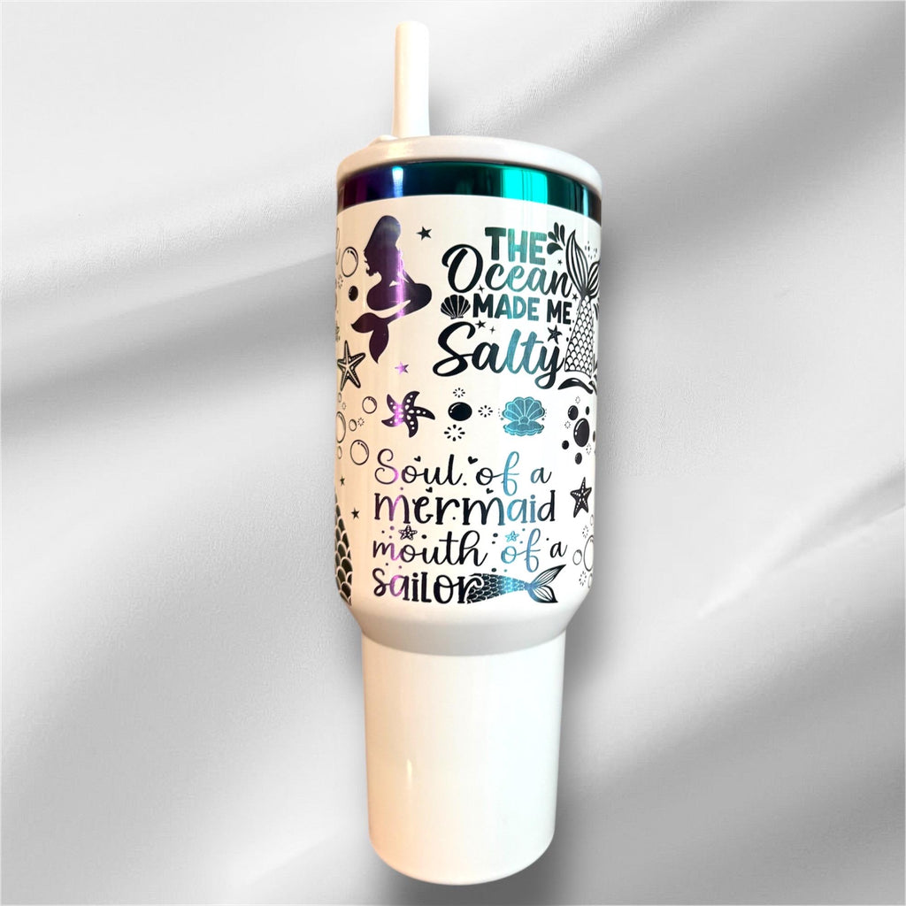 Mermaid Seascape Flip Top Straw Tumbler - 40 oz Rainbow Accent, Laser Engraved