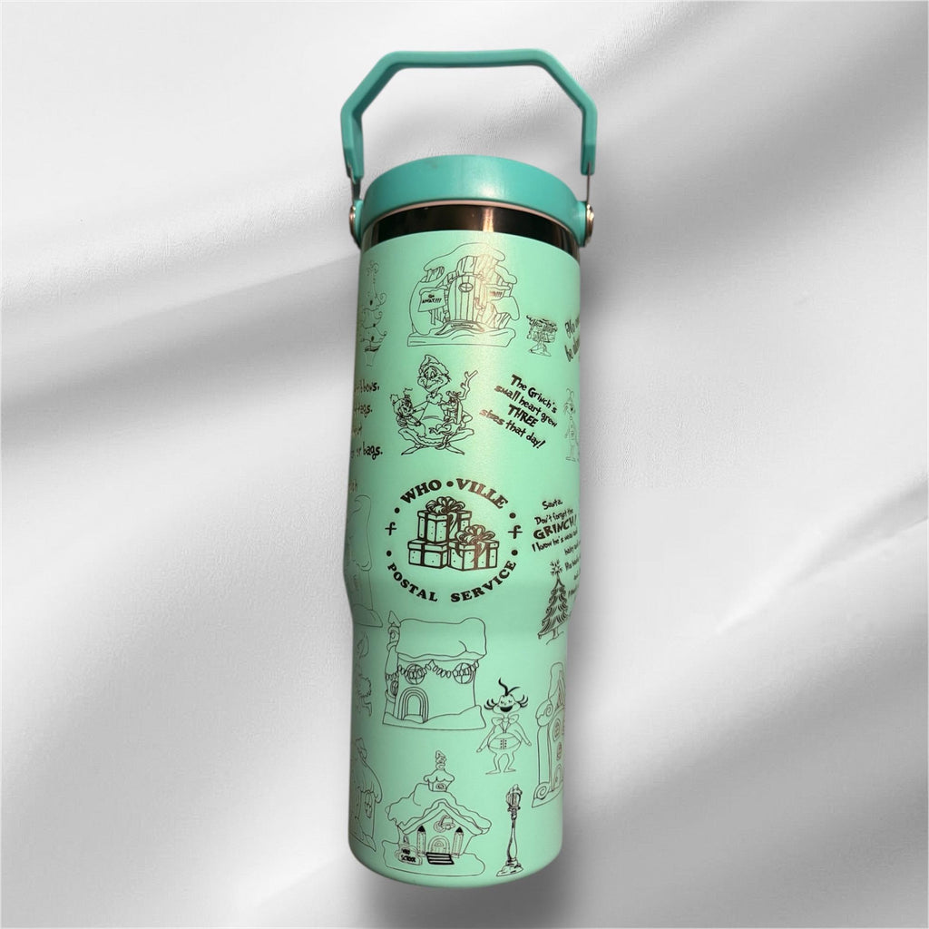 30z Black Plated Whoville Tumbler | Laser Engraved Tumbler | Handle, Lid and Straw Included