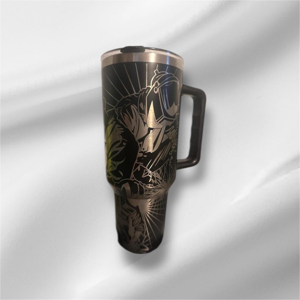 40z Black Welding Tumbler | Laser Engraved Tumbler | Handle, Lid and Straw Included.