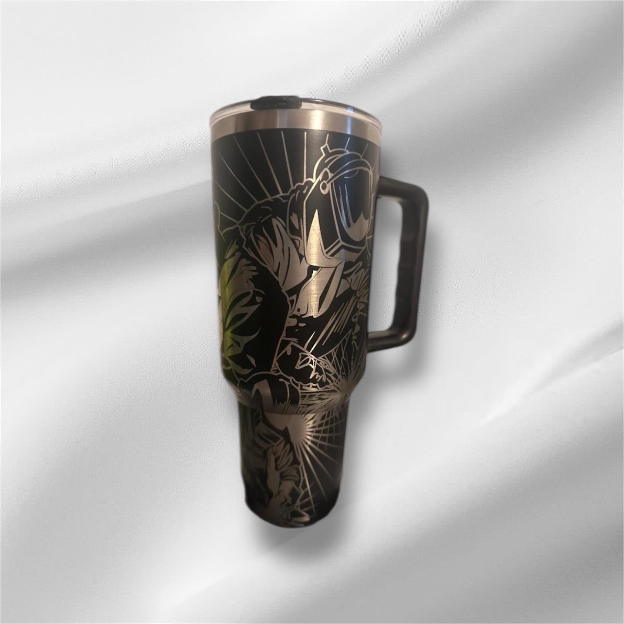 40z Black Welding Tumbler | Laser Engraved Tumbler | Handle, Lid and Straw Included.