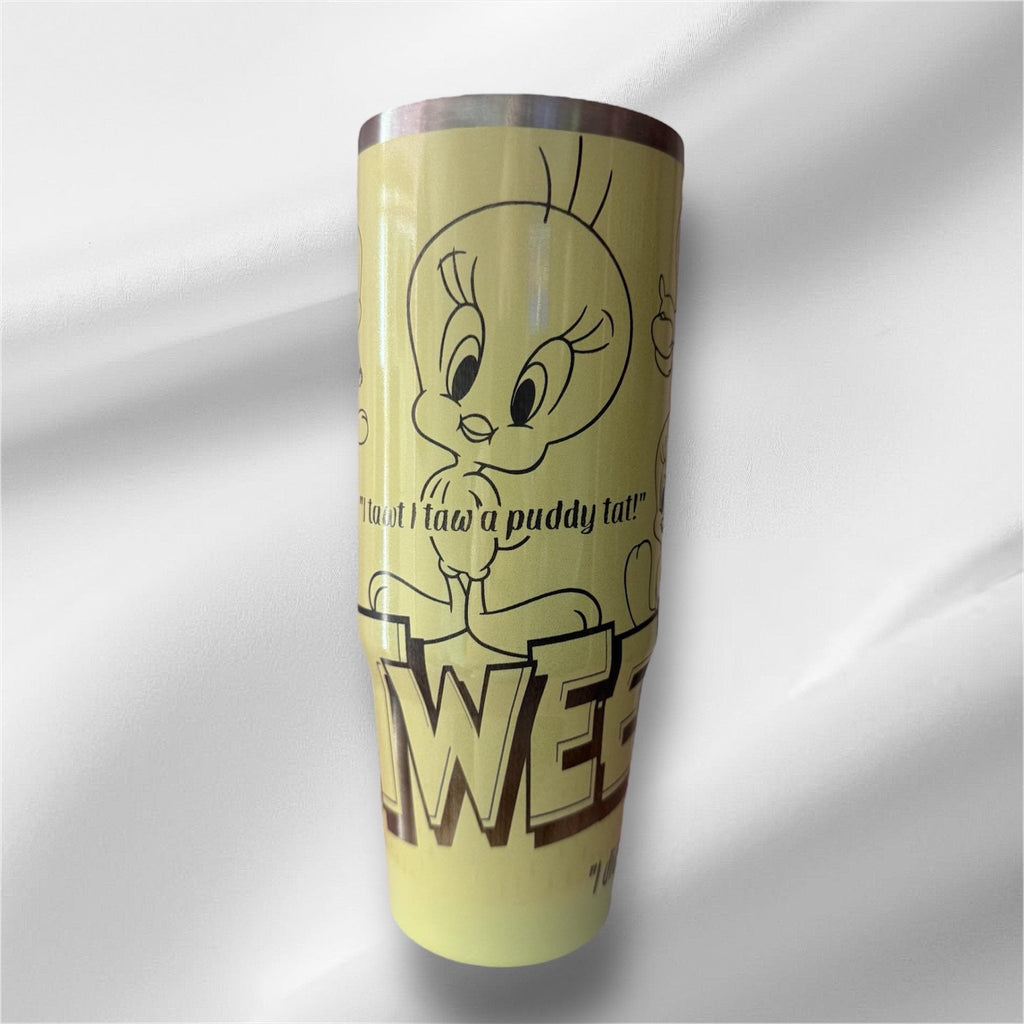 30z Yellow Pearlized Tweety Bird Tumbler | Laser Engraved Tumbler | Handle, Lid and Straw Included