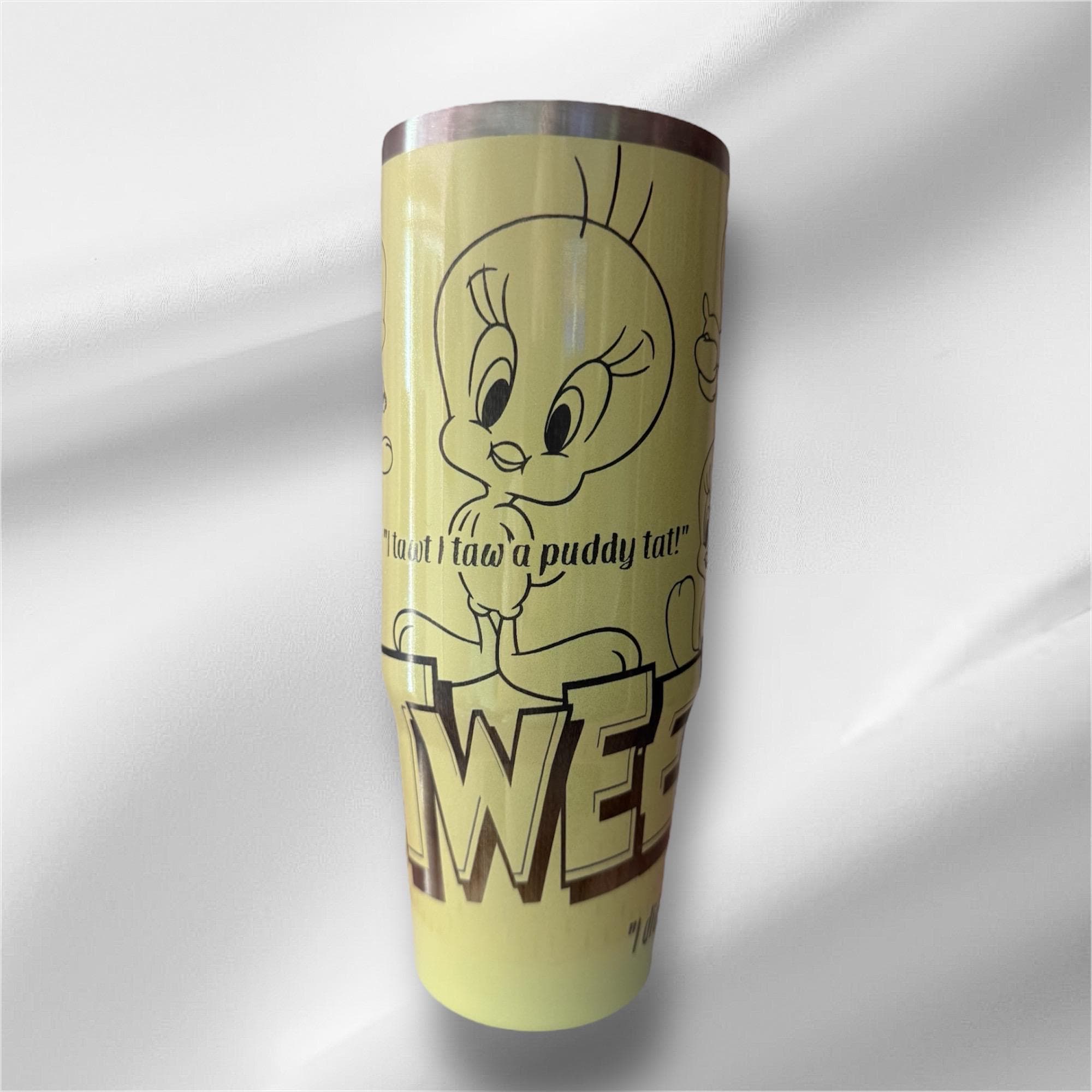 30z Yellow Pearlized Tweety Bird Tumbler | Laser Engraved Tumbler | Handle, Lid and Straw Included