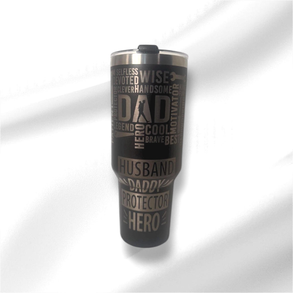 40z Black “Dad” Tumbler | Laser Engraved Tumbler | Handle, Lid and Straw Included