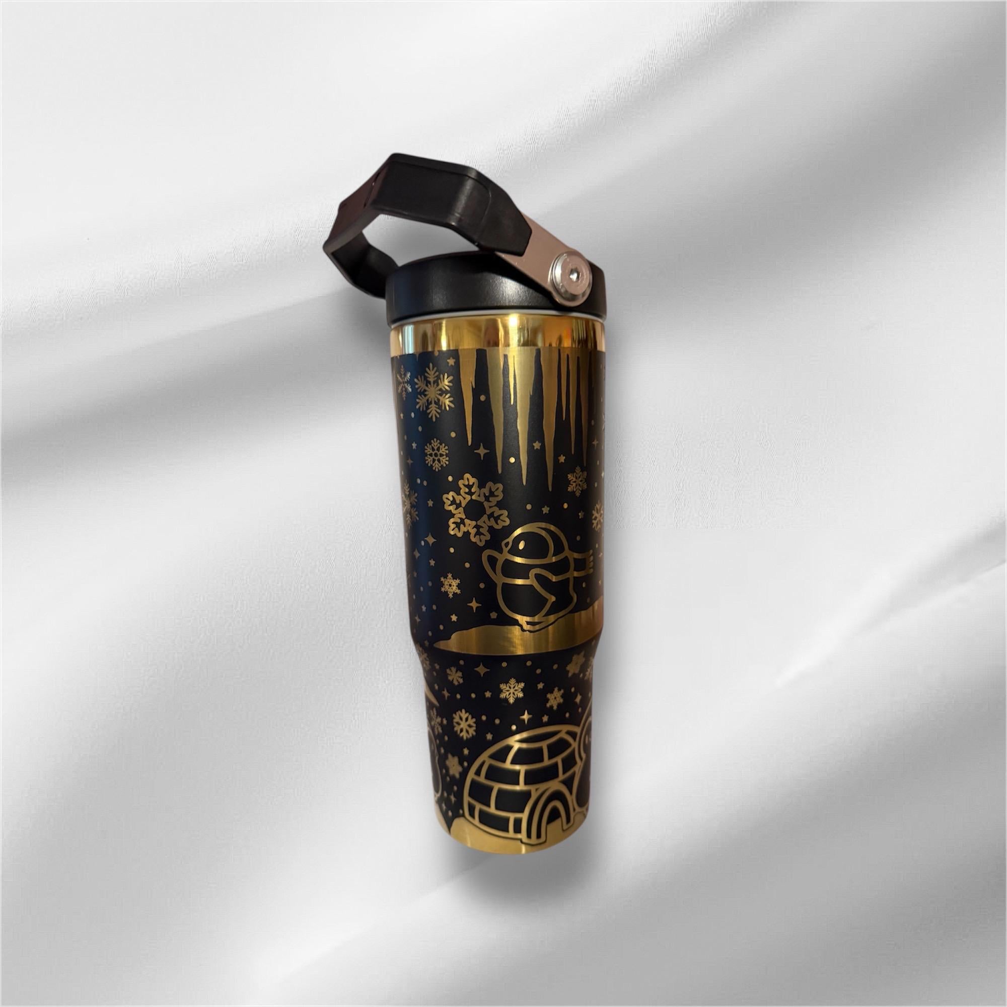 30z Gold Accent Penguins Tumbler | Laser Engraved Tumbler | Handle, Lid and Straw Included
