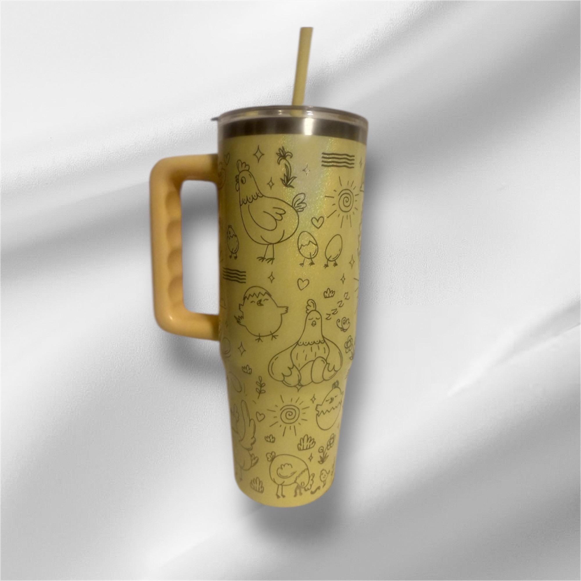 30z Yellow Pearlized Chicken Doodle Tumbler | Laser Engraved Tumbler | Handle, Lid and Straw Included