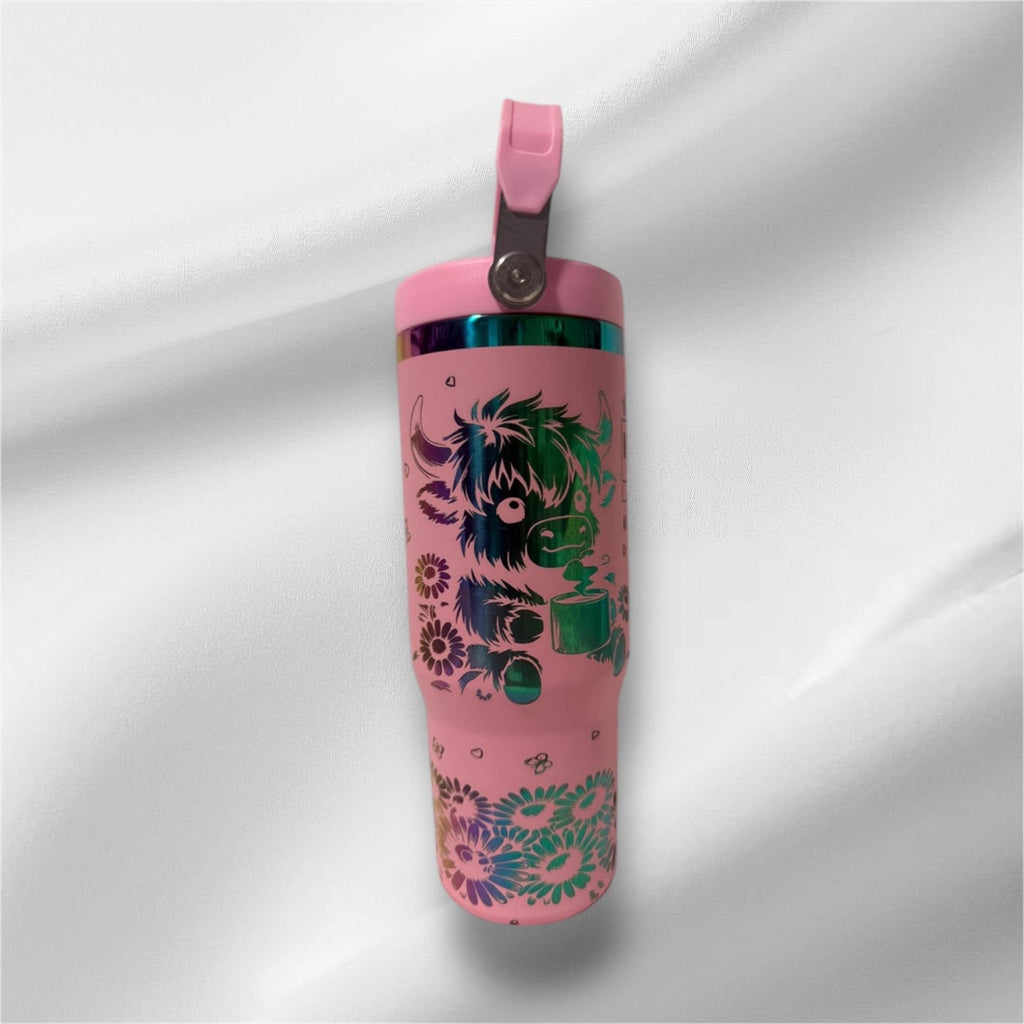 30z Rainbow Plated Highland Cow Tumbler | Laser Engraved Tumbler | Handle, Lid and Straw Included