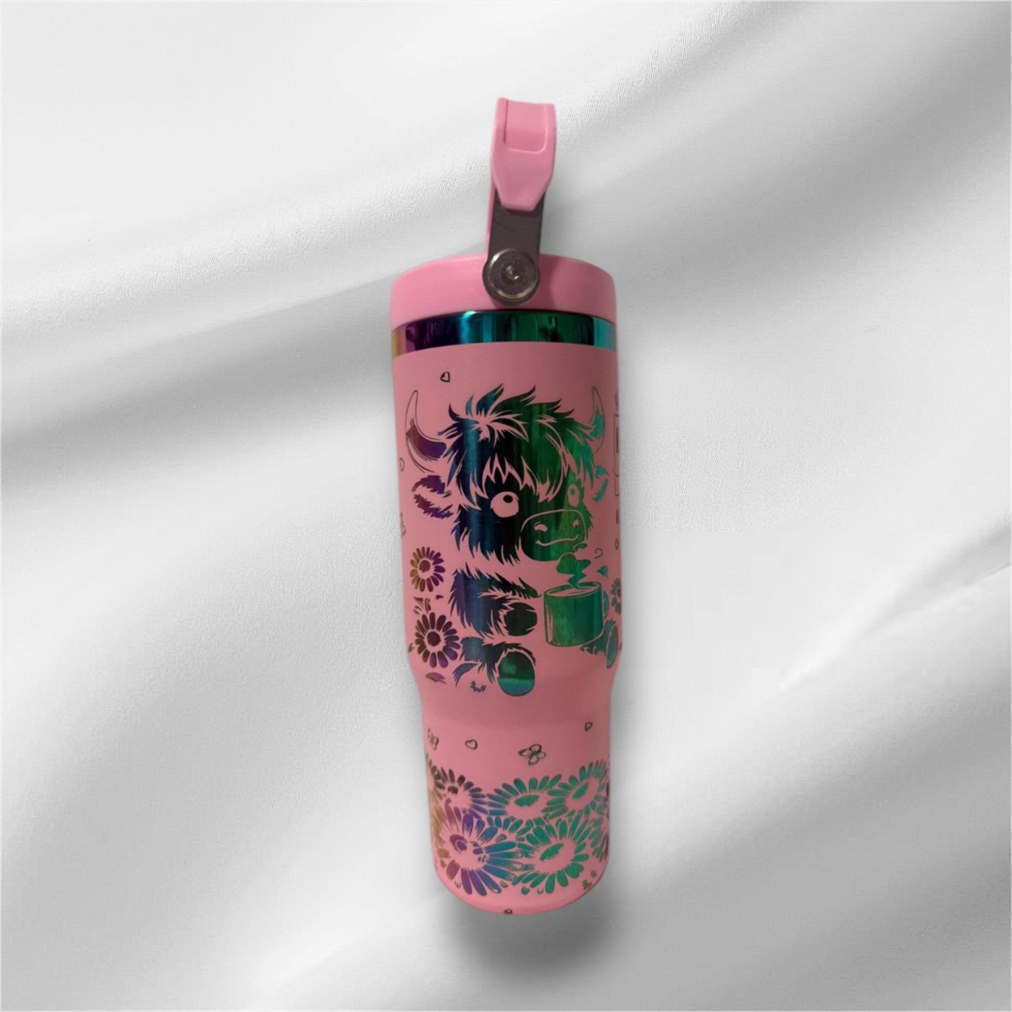 30z Rainbow Plated Highland Cow Tumbler | Laser Engraved Tumbler | Handle, Lid and Straw Included