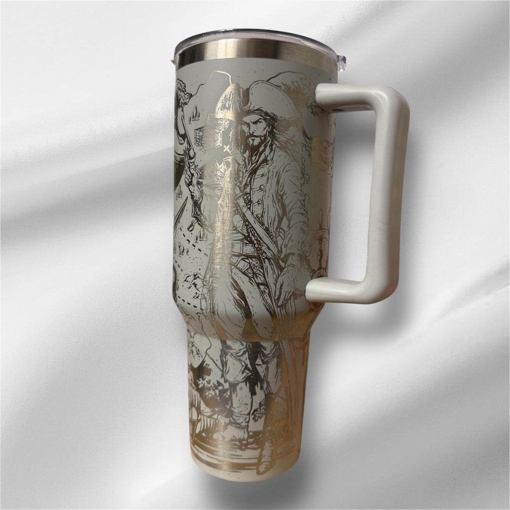 40z Pirate Tumbler | Laser Engraved Tumbler | Handle, Lid and Straw Included.