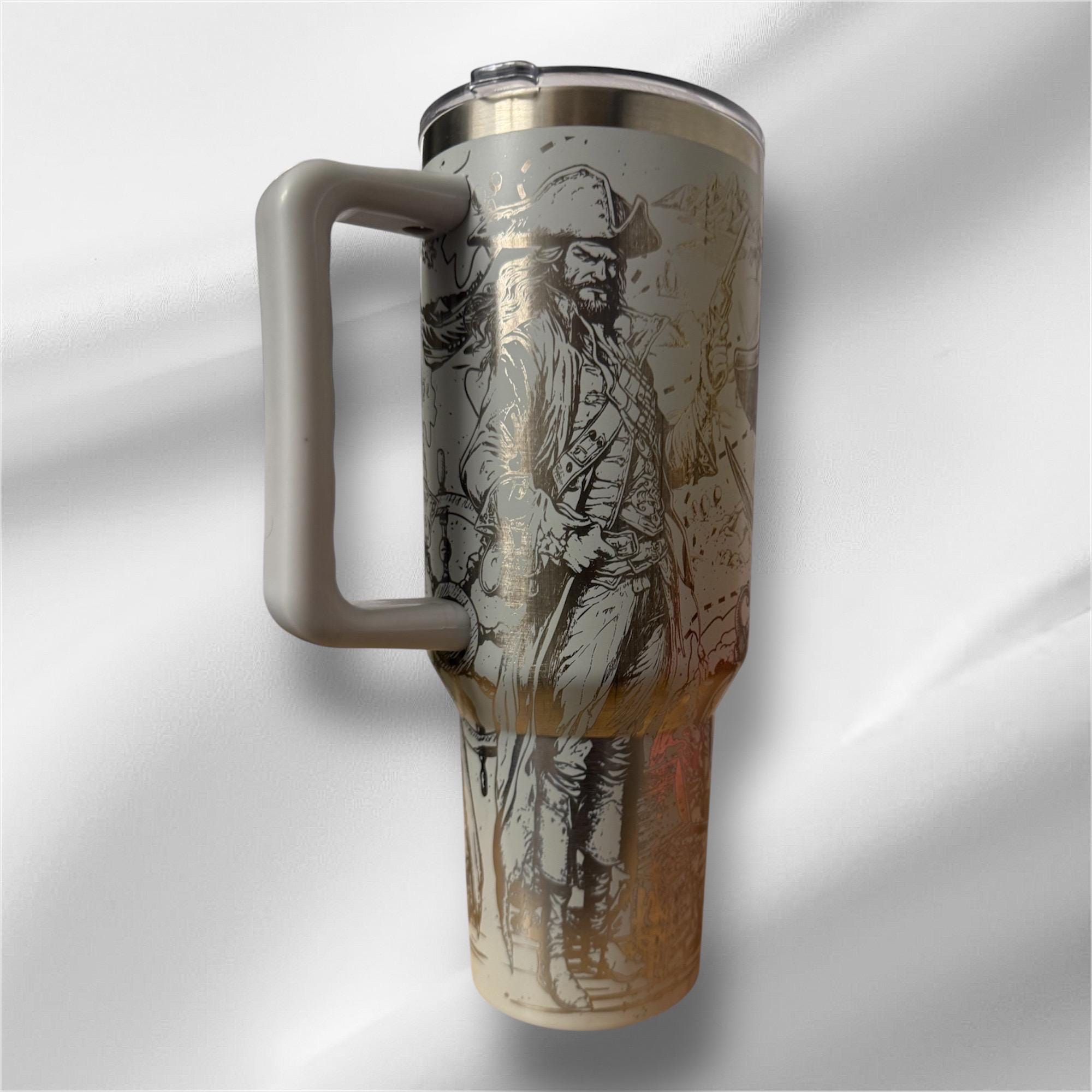 40z Pirate Tumbler | Laser Engraved Tumbler | Handle, Lid and Straw Included.