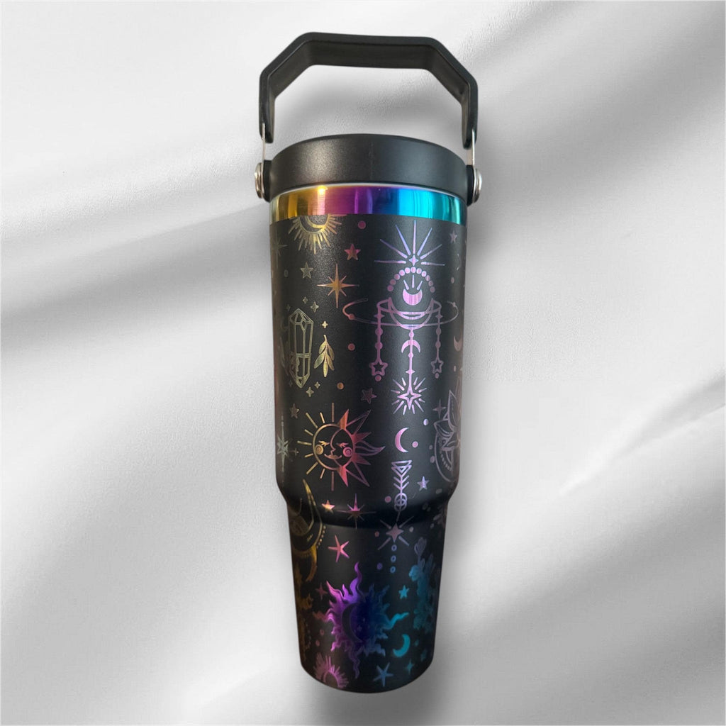 30z Rainbow Accent Cellestial Tumbler | Laser Engraved Tumbler | Handle, Lid and Straw Included
