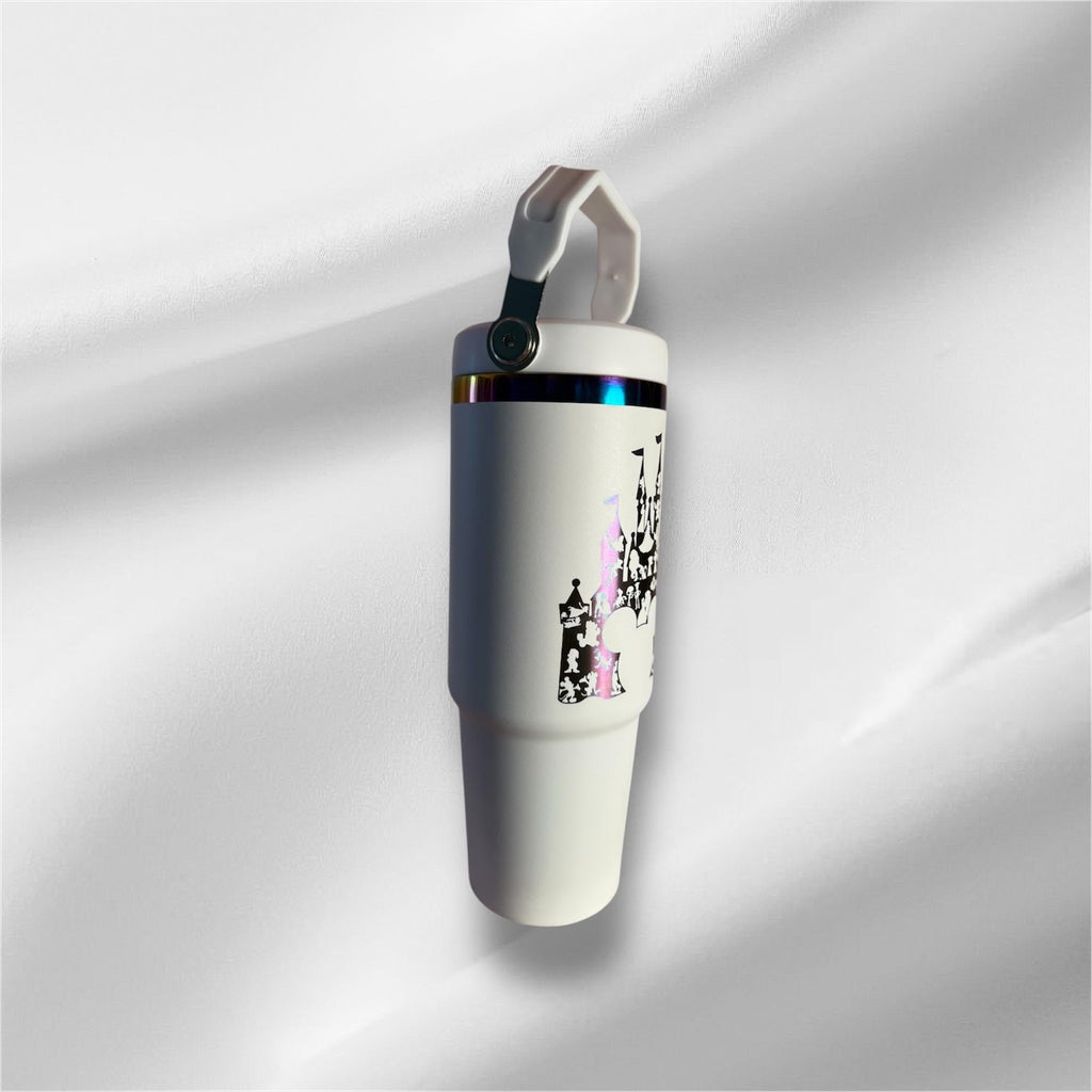 30z Rainbow Accent Disney Castle Tumbler | Laser Engraved Tumbler | Handle, Lid and Straw Included