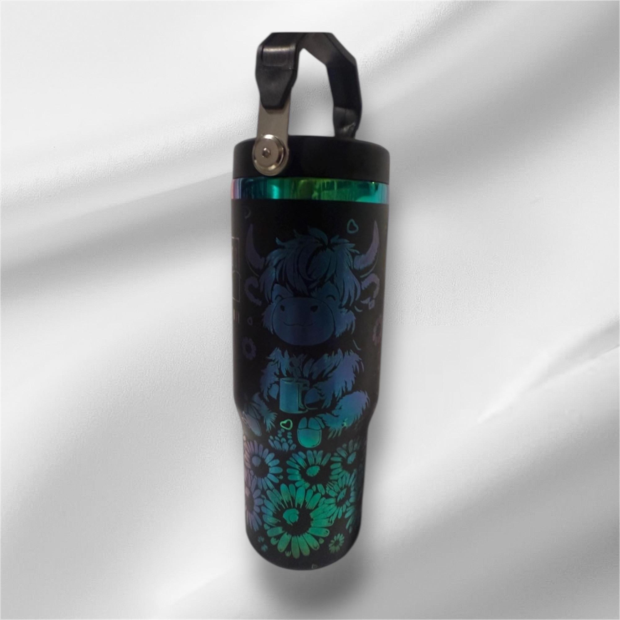 30z Rainbow Plated Highland Cow Tumbler | Laser Engraved Tumbler | Handle, Lid and Straw Included