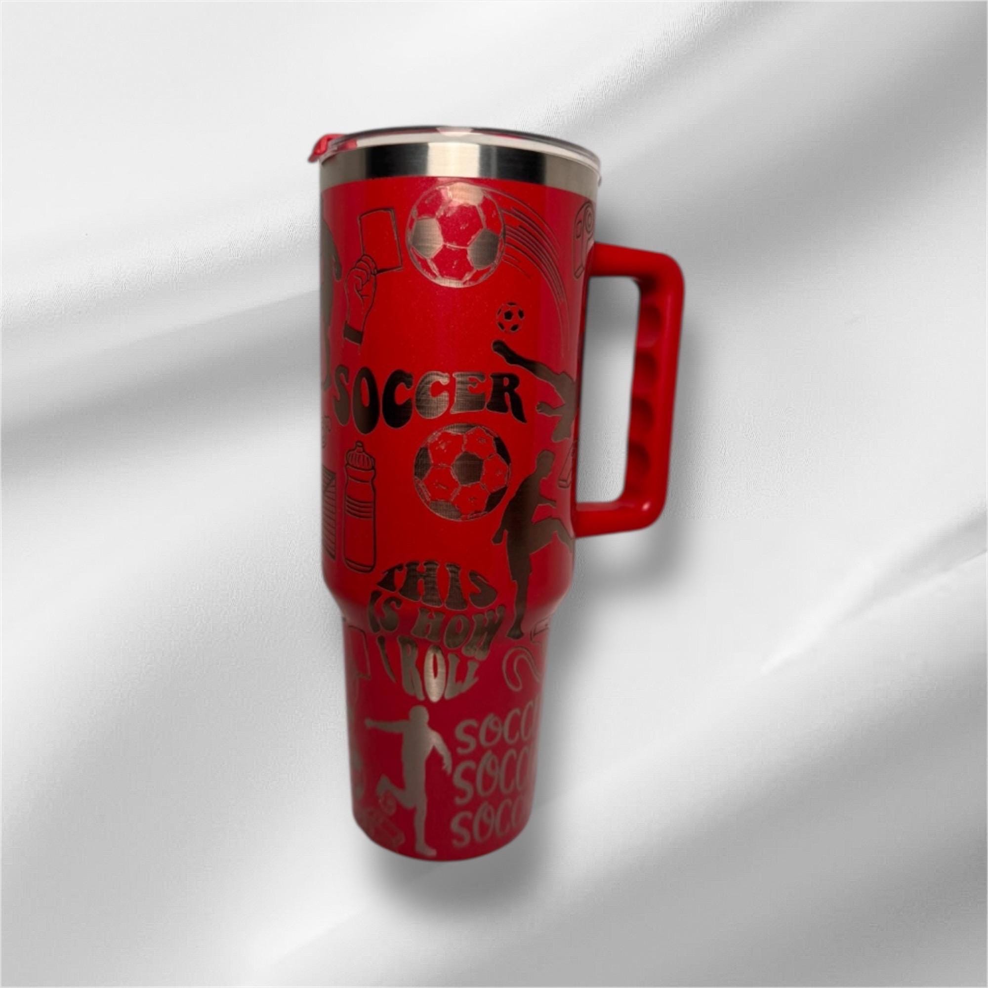 40oz Soccer Tumbler | Laser Engraved Tumbler | Handle, Lid and Straw Included