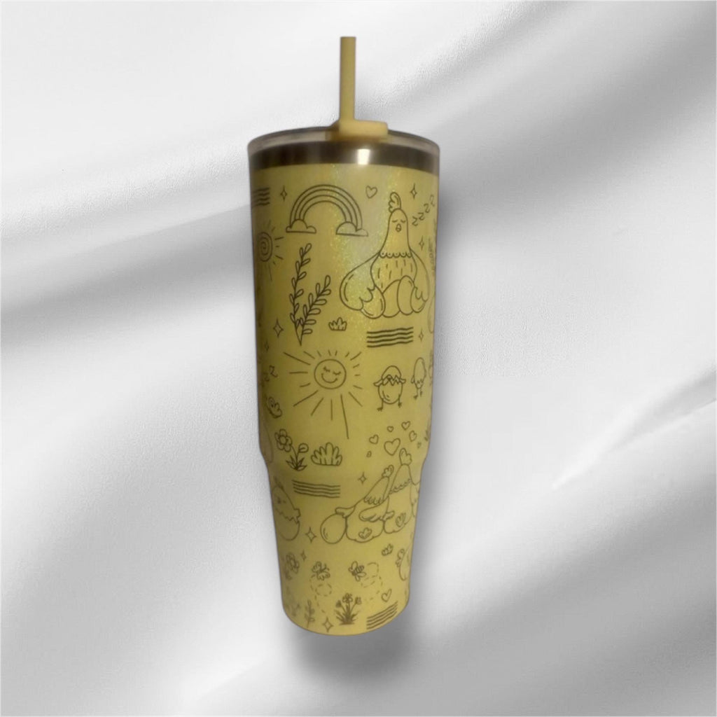 30z Yellow Pearlized Chicken Doodle Tumbler | Laser Engraved Tumbler | Handle, Lid and Straw Included