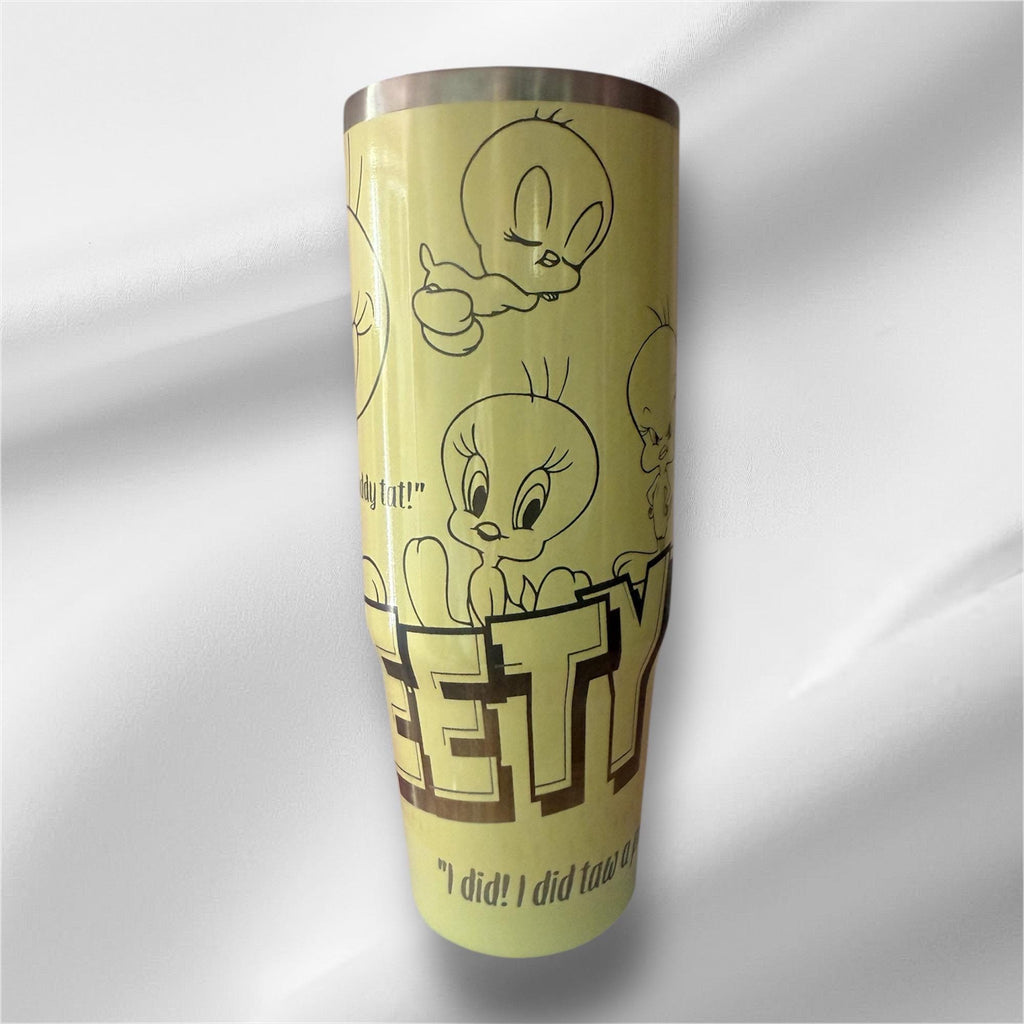 30z Yellow Pearlized Tweety Bird Tumbler | Laser Engraved Tumbler | Handle, Lid and Straw Included