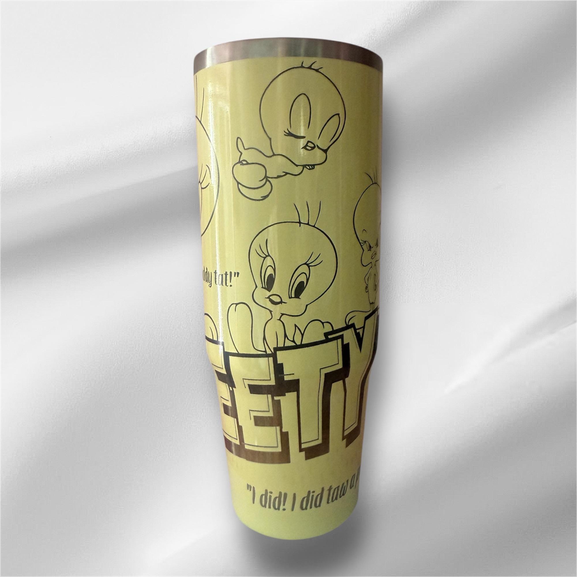 30z Yellow Pearlized Tweety Bird Tumbler | Laser Engraved Tumbler | Handle, Lid and Straw Included