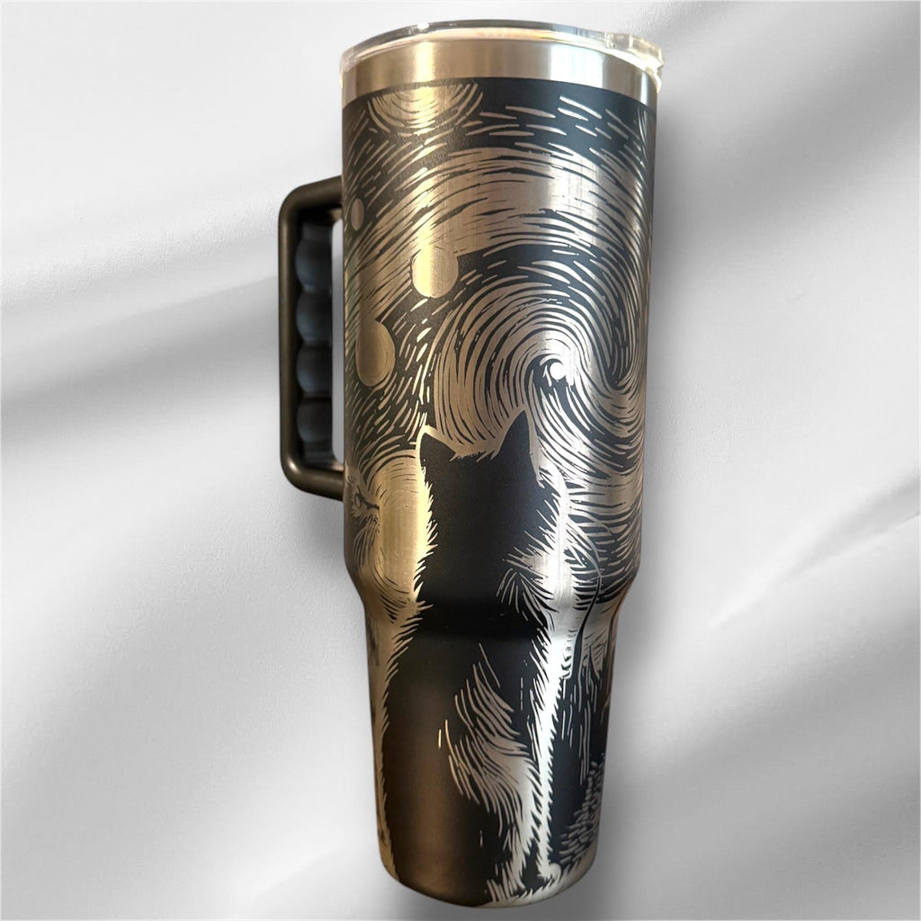 40z Black Cat Van Gogh Tumbler | Laser Engraved Tumbler | Handle, Lid and Straw Included.