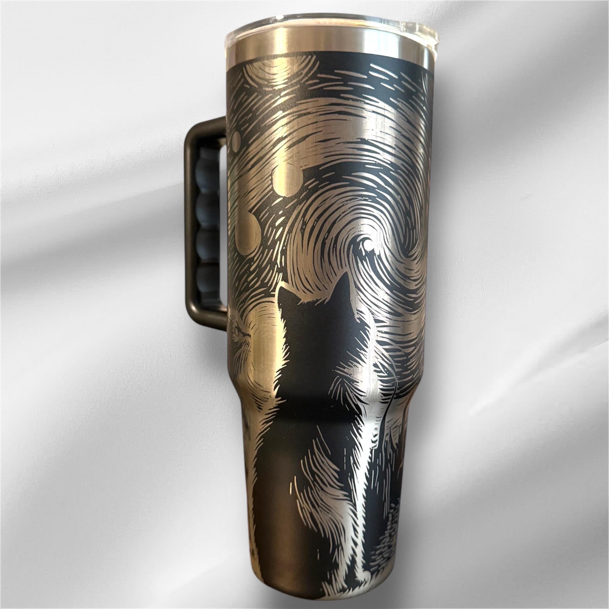 40z Black Cat Van Gogh Tumbler | Laser Engraved Tumbler | Handle, Lid and Straw Included.