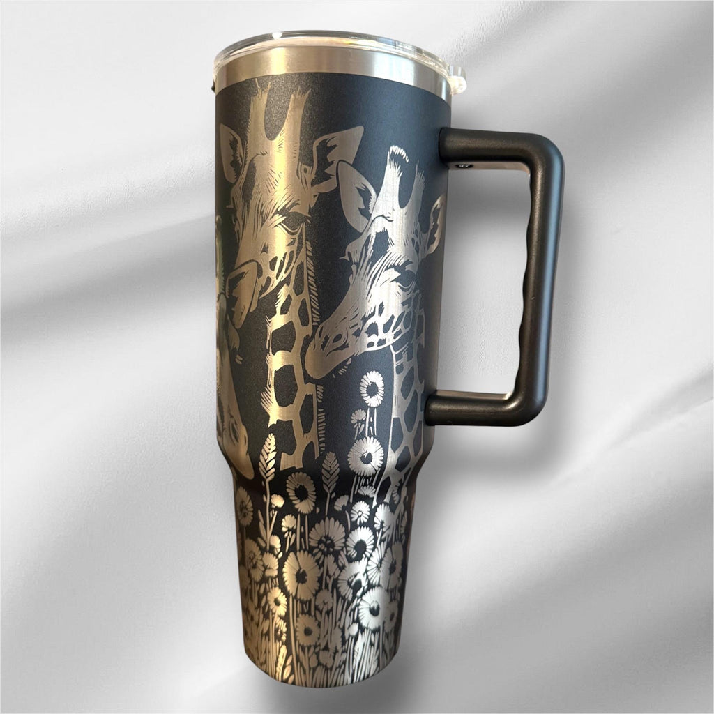 40z Black Giraffe Tumbler | Laser Engraved Tumbler | Handle, Lid and Straw Included.