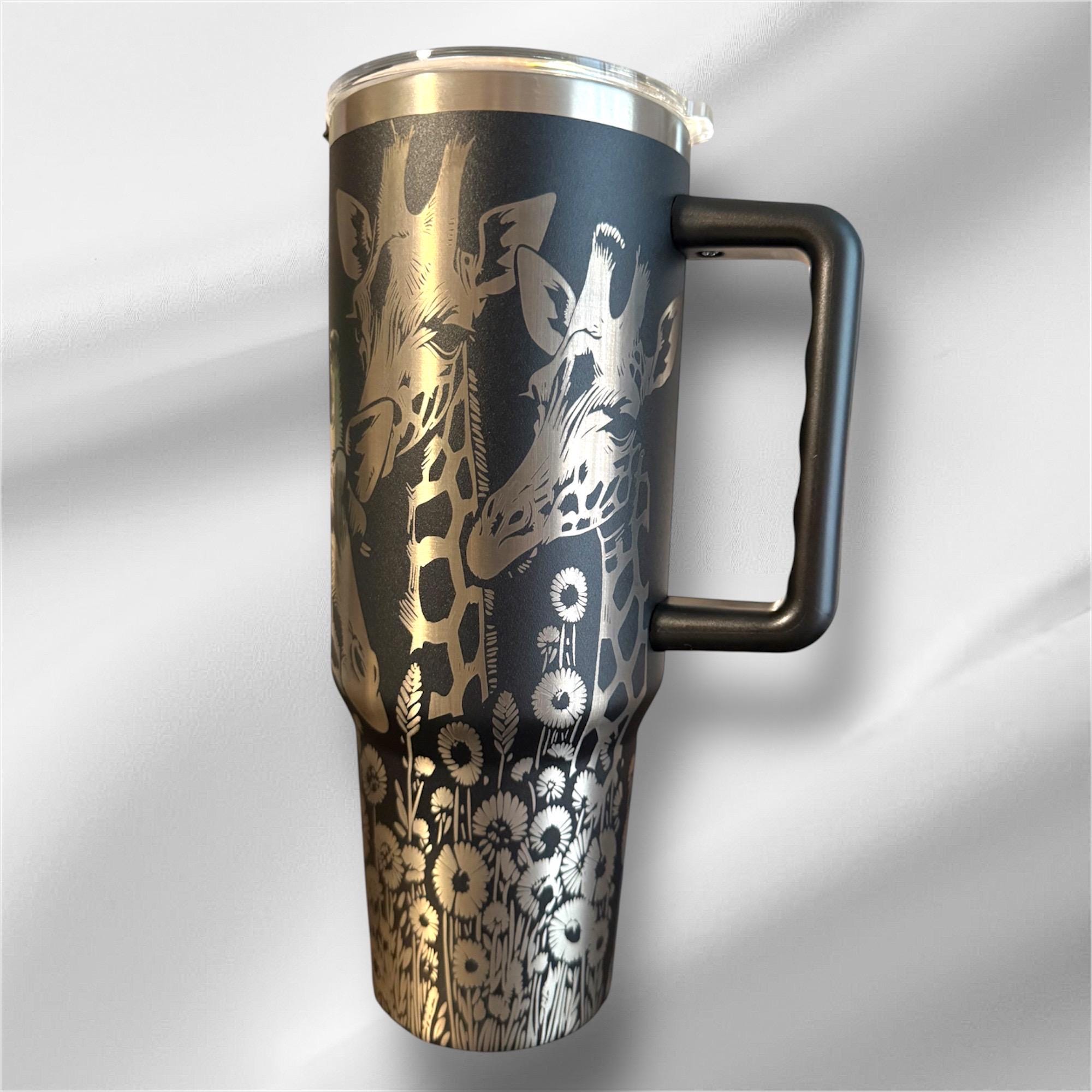 40z Black Giraffe Tumbler | Laser Engraved Tumbler | Handle, Lid and Straw Included.