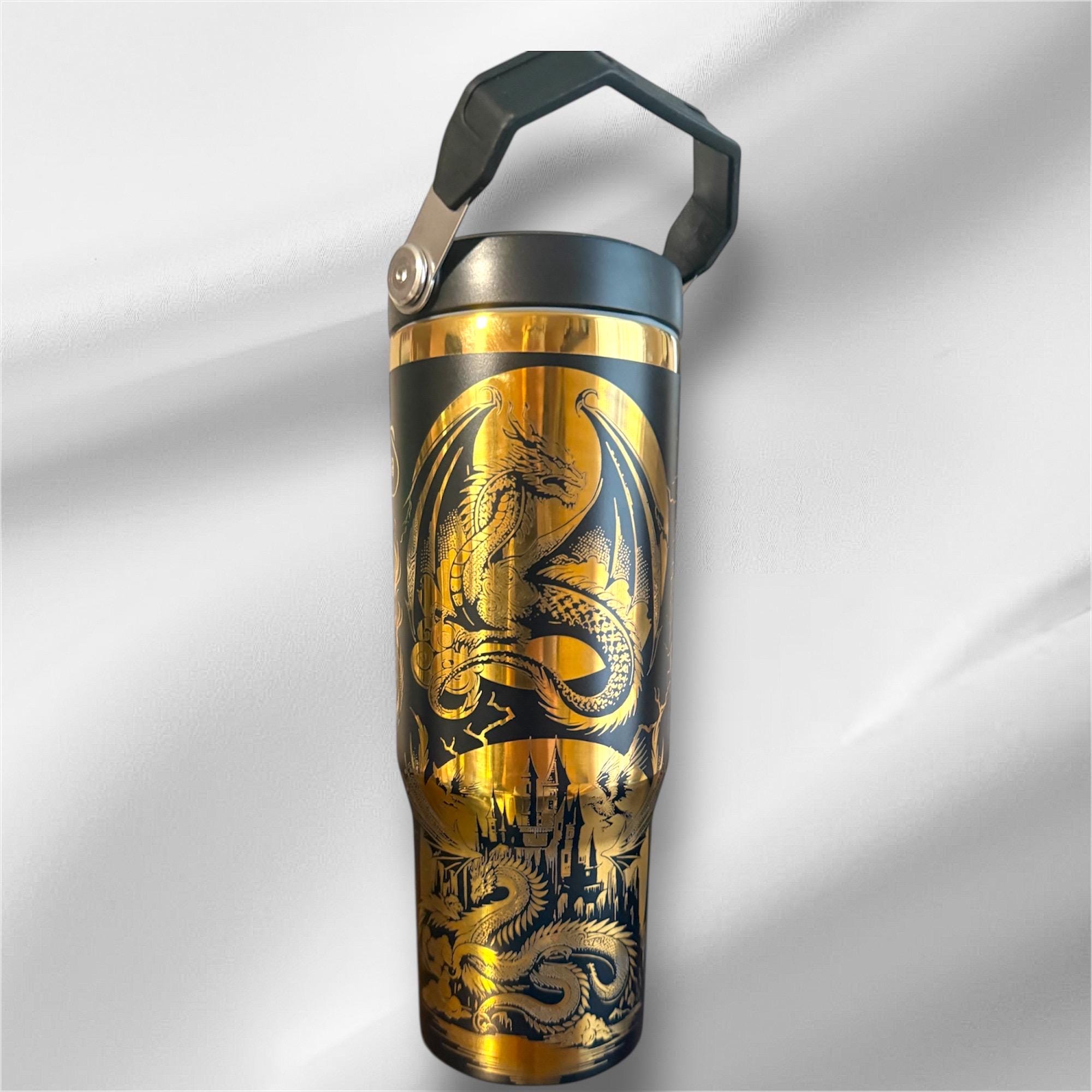 30z Gold Accent Dragon Tumbler | Laser Engraved Tumbler | Handle, Lid and Straw Included