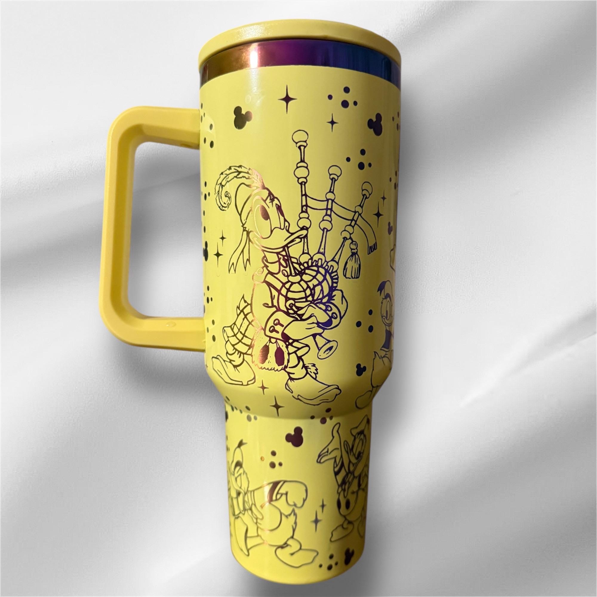 Donald Duck Tumbler: 40oz Yellow Rainbow Plated Laser Engraved Cup