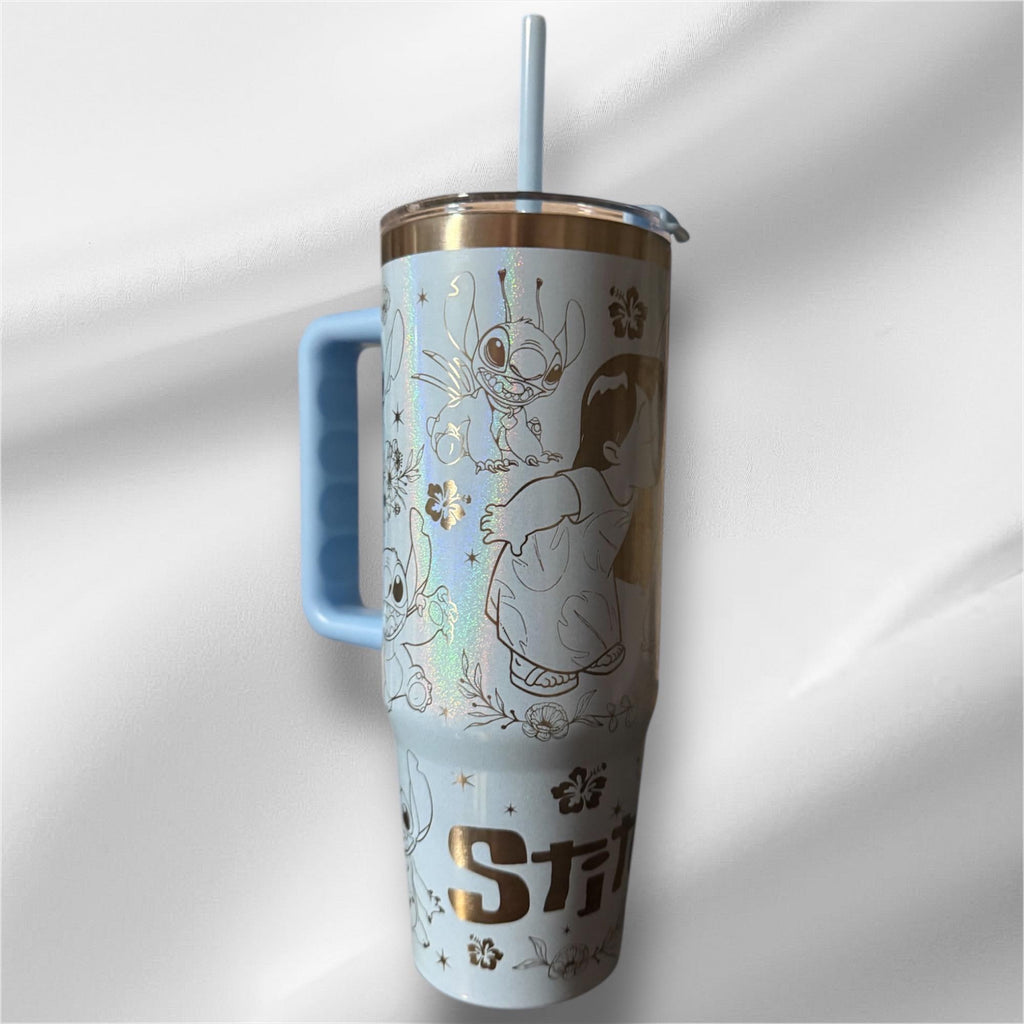 Stitch and Lilo Laser Engraved 30oz Tumbler | Pearlized Blue, Handle, Lid & Straw