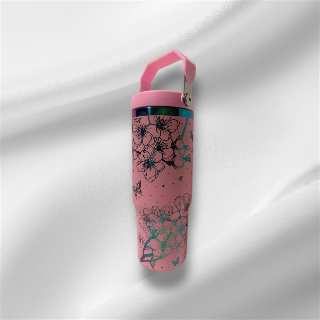 30z Rainbow Accent Cherry Blossom Tumbler | Laser Engraved Tumbler | Handle, Lid and Straw Included