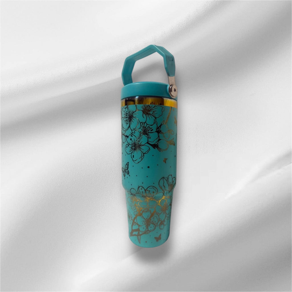 30z Rainbow Accent Cherry Blossom Tumbler | Laser Engraved Tumbler | Handle, Lid and Straw Included