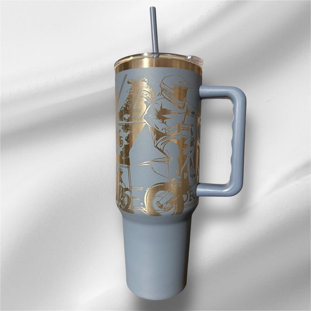 40z Dirt Bike Racer Tumbler | Laser Engraved Tumbler | Handle, Lid and Straw Included.