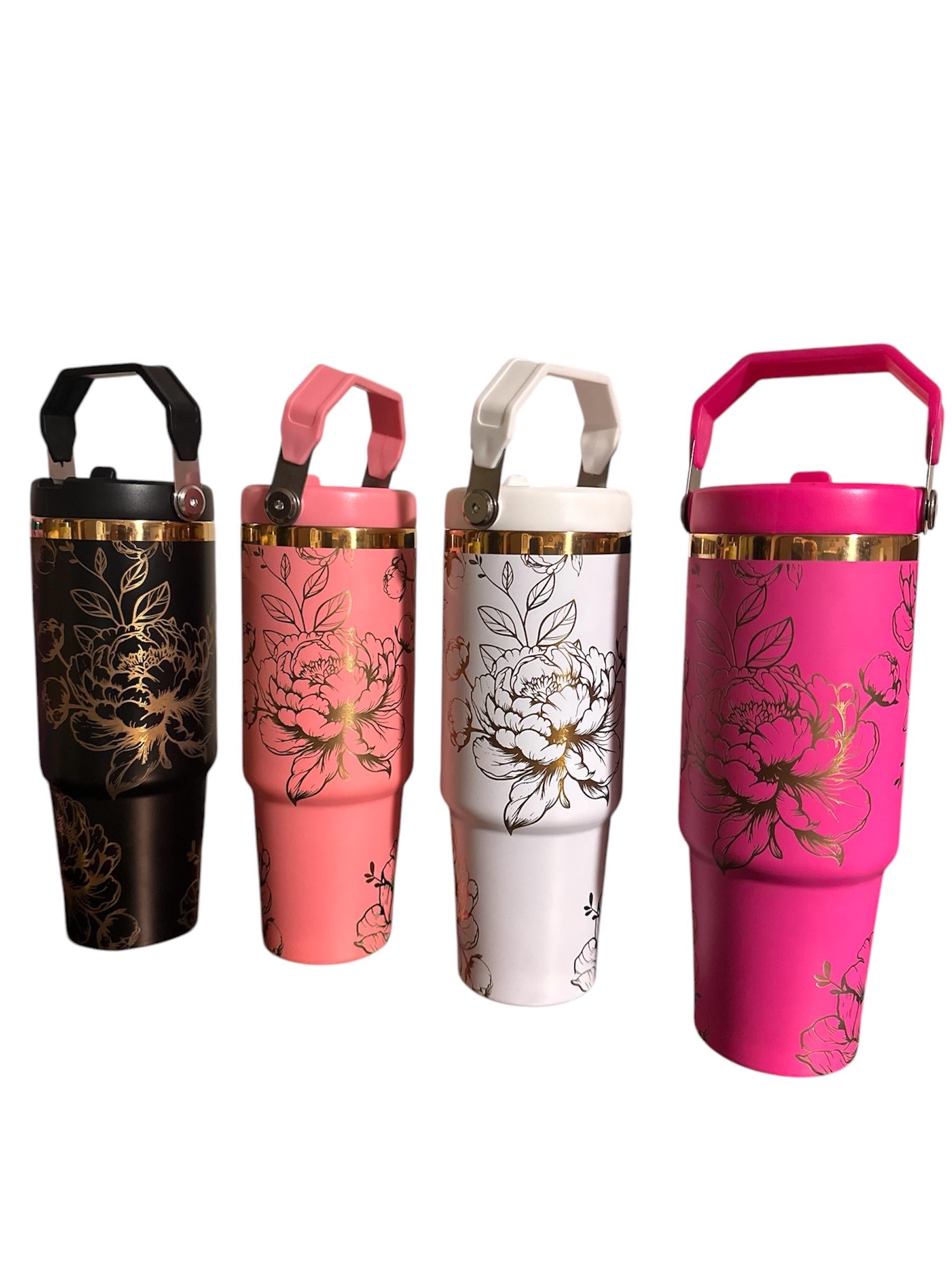 30z Gold Accent Peony Tumbler | Laser Engraved Tumbler | Handle, Lid and Straw Included