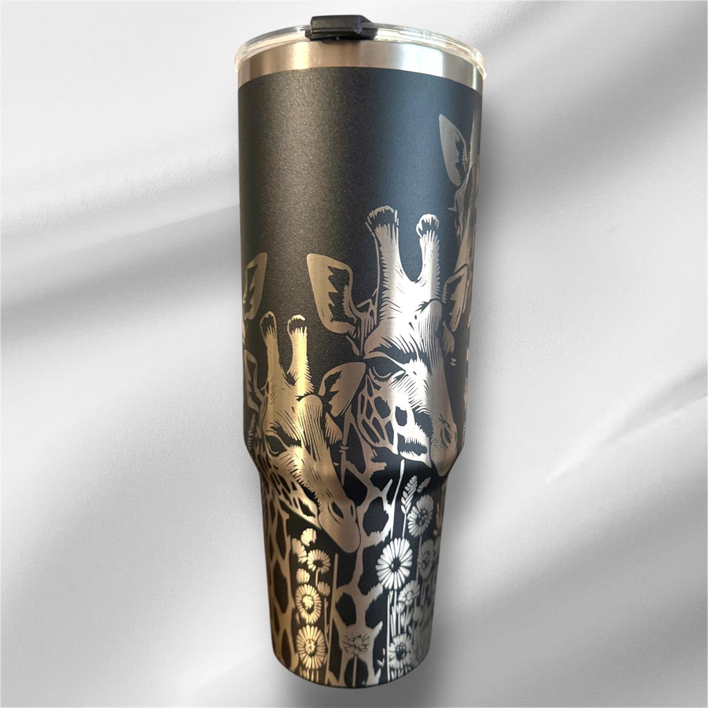 40z Black Giraffe Tumbler | Laser Engraved Tumbler | Handle, Lid and Straw Included.