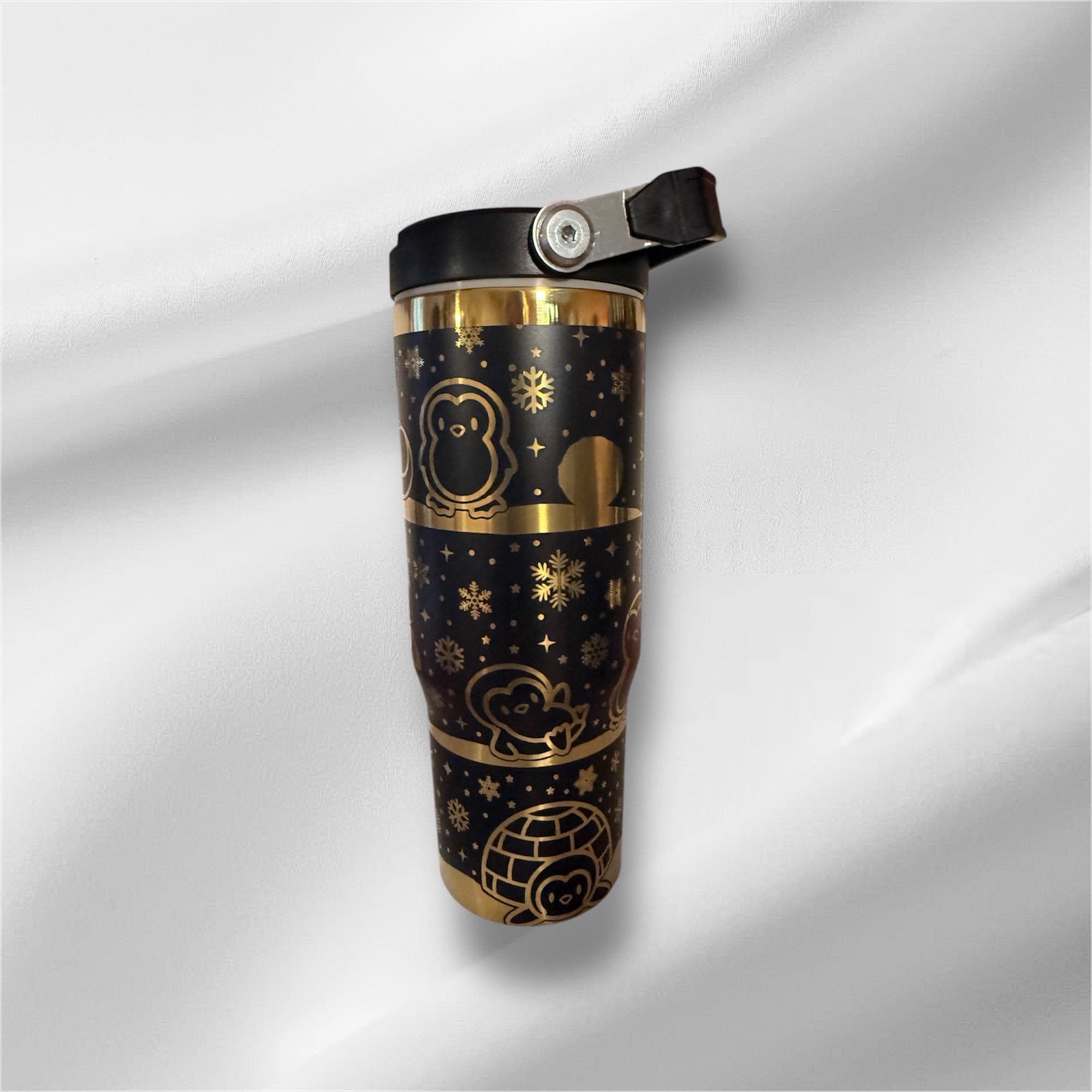 30z Gold Accent Penguins Tumbler | Laser Engraved Tumbler | Handle, Lid and Straw Included