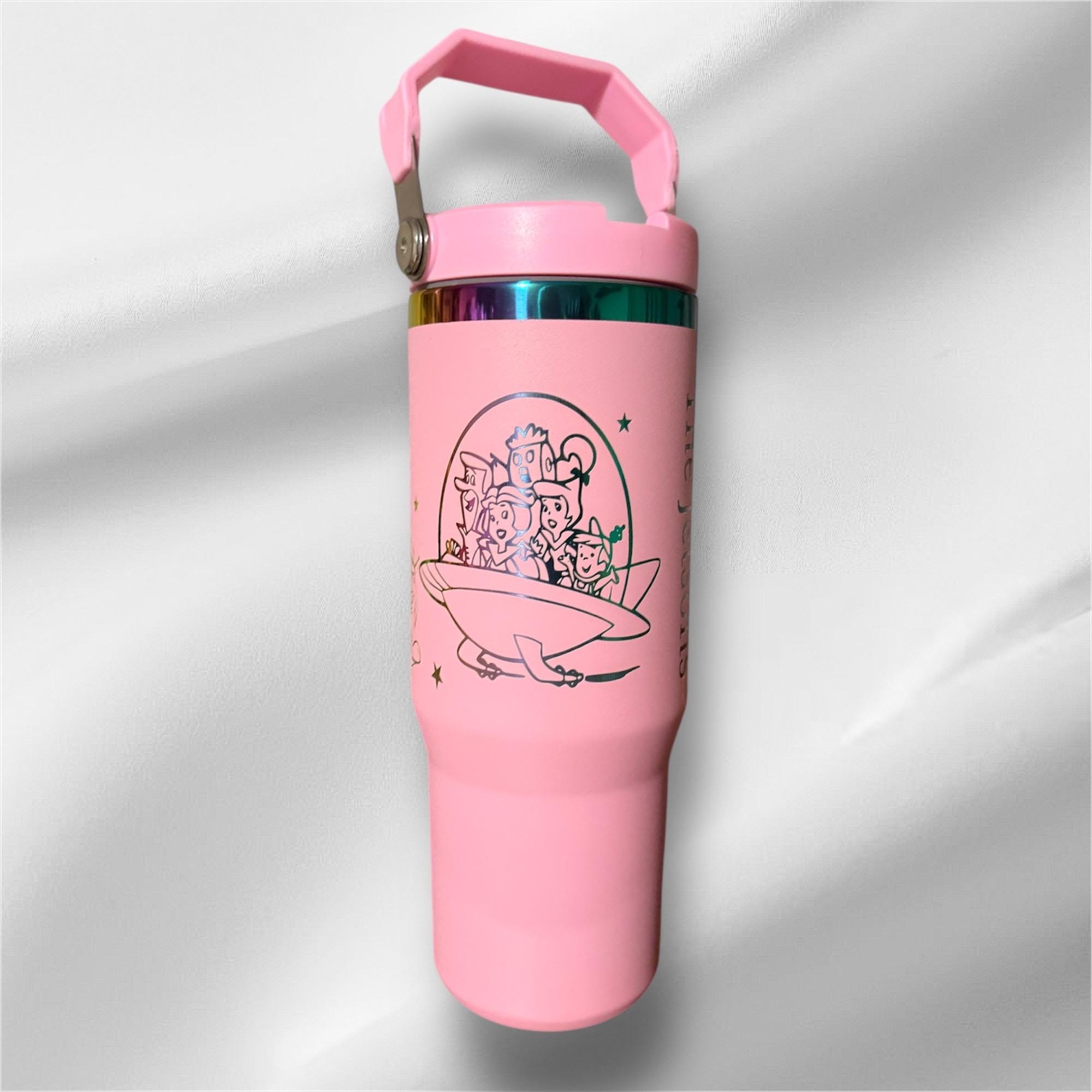 30z Rainbow Accent Jetsons Tumbler | Laser Engraved Tumbler | Handle, Lid and Straw Included