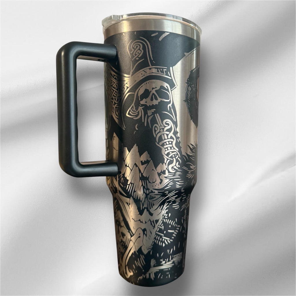 40z Black Viking Tumbler | Laser Engraved Tumbler | Handle, Lid and Straw Included.