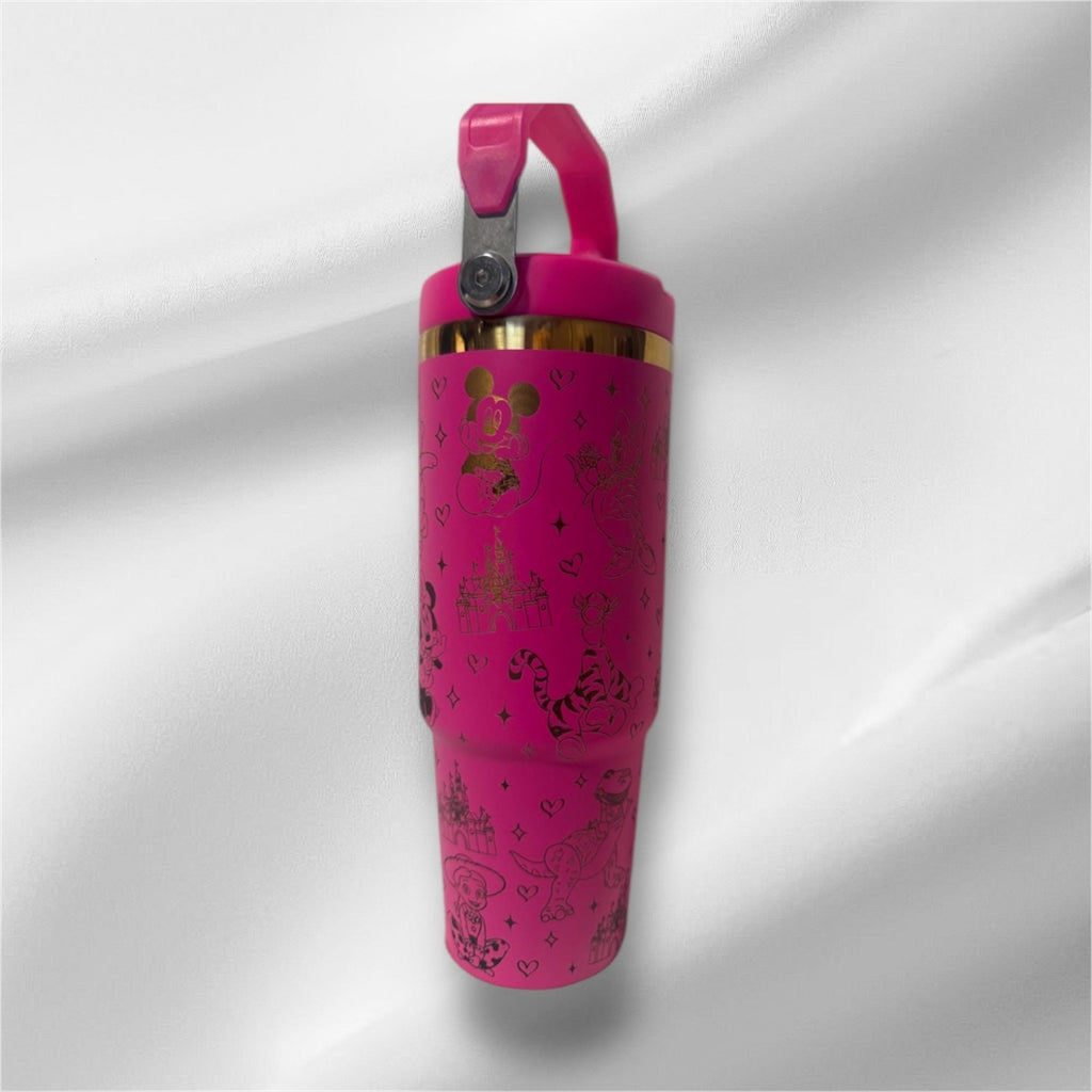 30z Disney characters Tumbler | Gold plated Laser Engraved Tumbler | Handle, Lid and Straw Included